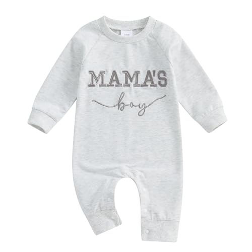 Image of FOCUSNORM Newborn Baby Boy Fall Outfit Mamas Boy Embroidery Jumpsuit Long Sleeve Crewneck Romper Infant Boy Winter Clothes