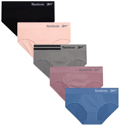 Reebok Hipster Panties for Women - 5 Pack Stretch Performance Seamless Underwear with Relaxed Tag-Free Waistband (S-XL)