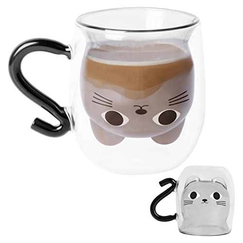Pinsheng Tazas de Gato Lindo con Asa Lindo Animal Taza Gato Lindo de Las Tazas Doble Aislamiento Taza de Vidrio Transparente Taza de Café Té Leche para Los Amantes de Los Gatos de Regalo de Cumpleaños