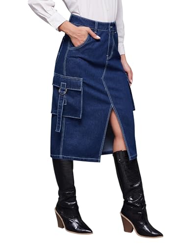 Image of Miss Chase Women's Straight High Rise Midi Denim Skirt (MCAW25DEN62-73-982-34, Desert Blue, 34)