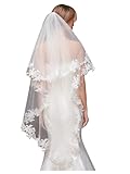 AiberLisha 2 Tier Lace Wedding Bridal Veil with Metal Comb White