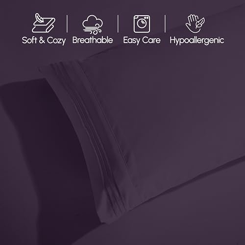 Image of Elegant Comfort Luxurious 1500 Premium Hotel Quality Microfiber Three Line Embroidered Softest 4-Piece Bed Sheet Set, Wrinkle and Fade Resistant, King, Eggplant-Purple