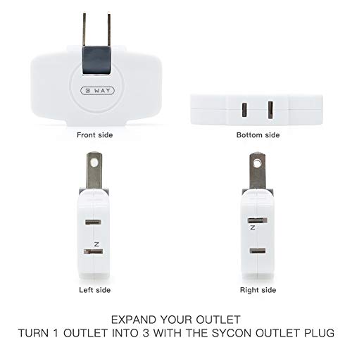 Sycon 3 Way Wall Outlet Extender Ac Adapter, 2-Prong Swivel Mini Indoor Wall Tap Power Outlet Extender Plug, White #TOP2