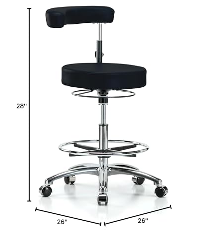 Image of Perch Chrome Rolling Dental Stool Adjustable Height with Procedure Arm and Foot Ring | Medium Bench Height 22.5-28 inch | Black Vinyl