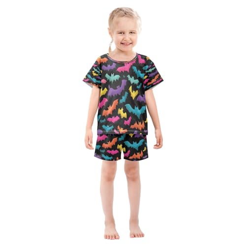 Pajama Sets Short Sleeve Colorful Bats Flying Against Black Soft Cotton Summer Sleepwear 2 Piece PJS Size 5-14T4
