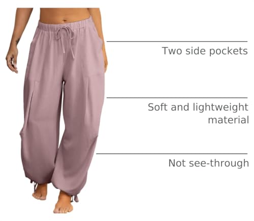 Image of Women's Linen Balloon Barrel Beach Pants Boho Harem Flowy Drawstring Casual Loose Pants with Pockets