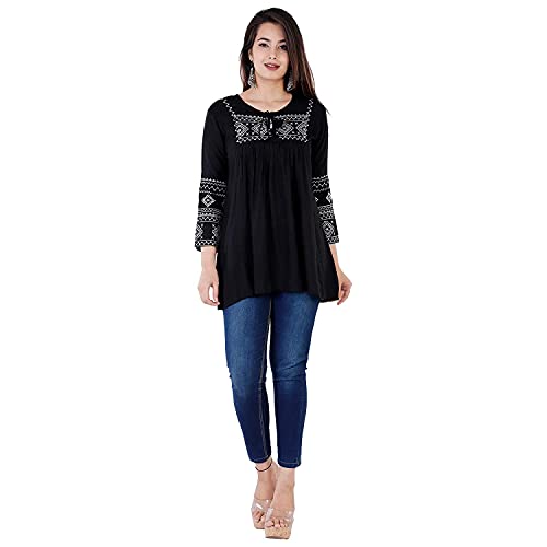 Image of Shiva Fab Short Kurti for Women | Embroidered Straight Rayon Kurta | Round Neck Full Sleeves Short Kurti for Women's (Small, Black & Blue Silver-2 Pack)