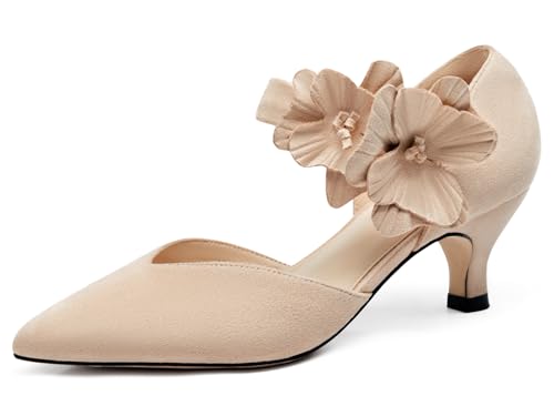 Image of Coutgo Womens Low Kitten Heels Dressy Shoes Comfortable Closed Toe Flower Slip on Formal Party Dance Heeled Pumps
