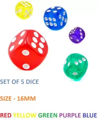 DIGSMORDEN Ludo Dice 16mm (Multicolour) β Bright Multicolor Design Dice Set for Board Games | Durable Plastic Six-Sided for Ludo, Snakes & Ladders, Monopoly, and Other Board Games (Pack of 5)