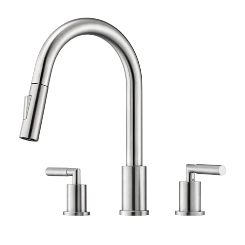 Tohlar 3 Holes Kitchen Faucet, 2 Handle Kitchen Sink Faucets, Kitchen Faucet with Pull Down Sprayer, Brushed Nickel Stainless Steel Faucet for Kitchen Sink