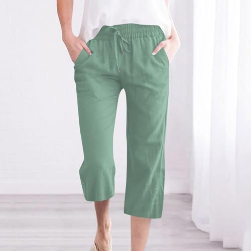 Capri Pants for Women Linen Casual Summer 2025 Straight Leg Pant Loose Drawstring Elastic Waist Cropped Trousers2
