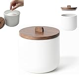 Kook Time Salero de Cocina de Cerámica CURVE - Bote Hermético con Tapa de Madera de Acacia. Tarro Multiusos para Sal, Azúcar o Especias. Diseño Nórdico Moderno. 11.5 x 12 cm. - Blanco