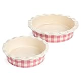 Paris Hilton Ceramic Pie Dish Set, 7-Inch and 9-Inch Stoneware Baking Dishes with Fluted Rim and Gingham Design, Oven Safe up to 450°F, 2-Piece, Pink