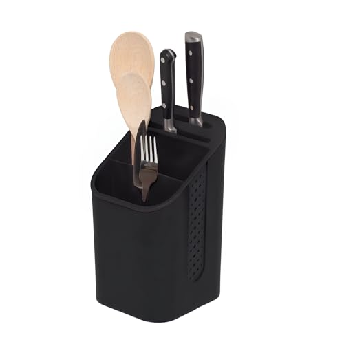 simplywire - Escurrecubiertos para fregadero de cocina - Organizador para utensilios con soporte para cuchillos - Organizador de cubiertos - Bandeja de goteo extraíble - Antideslizante - Negro