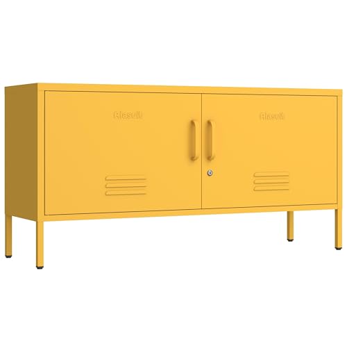 Aiasuit 2 Door Metal TV Stand Media Console for Large TV 2-Tier Multi-Purpose Storage Cabinet Industrial TV Stand with Storage Easily Assembled Yellow Size: 22