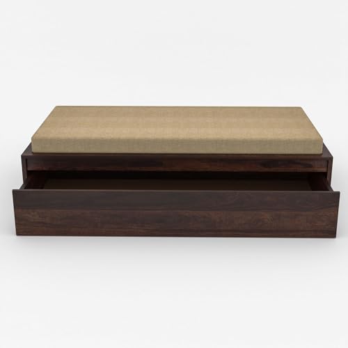 Image of Wooden Single Size Bed with Mattress for Living Room, Drawing Room & Bedroom | Space Saving Wooden Cot /Palang /Diwan with Trundle Drawer Storage | Solid Sheesham Wood | Walnut Finish