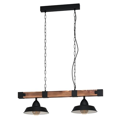 EGLO Hängelampe Oldbury, 2 flammige Vintage Pendelleuchte im Industrial Design, Pendellampe aus Stahl und Holz, Farbe Schwarz, braun rustikal, E27, 86 cm, FSC Zertifiziert