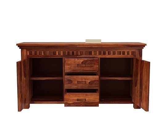 Image of Sheesham Wood Sideboard Storage Cabinet with 3 Drawers & 2 Doors for Kitchen, Living Room & Bedroom - Honey Finish - Solid Wood Buffet - No Assembly Required (Gregory)