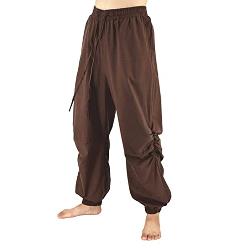 Rela Bota Mens Fashion Cotton Linen Pants Casual Beggy Haren Pants Beach Yoga Drawstring Trousers Brown
