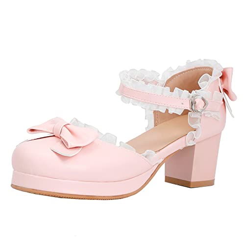 Elbslutt Women's Cute Chunky Platform Sandals Mary Janes Bows Block Heels Lace Closed Toe Ankle Strap Pumps Sweet Shoes