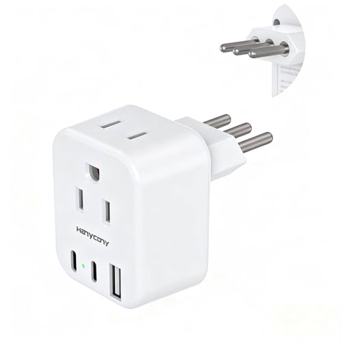 Image of HANYCONY Italy Travel Adapter, Grounded Type L Plug Adapter with 2 AC Outlets 3 USB Ports (2 USB C), US to Italy Power Adapter for Rome, Chile, Uruguay, Ethiopia - Cruise Ship Approved