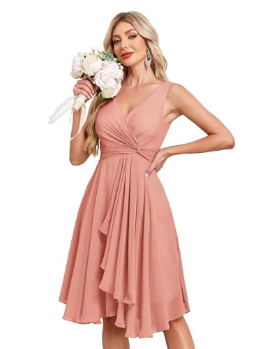Image of Women's V Neck Short Bridesmaid Dresses 2025 Ruched Waist A Line Chiffon Formal Cocktail Party Dress