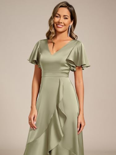 Image of Ever-Pretty Women's V Neck Satin Short Sleeve A Line Hi-Lo Midi Asymmetry Hem Bridesmaid Dress 02318