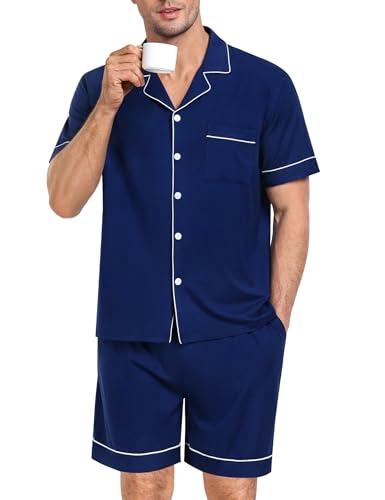 Image of SWOMOG Mens Pajama Set Short Sleeve 2 PCS Sleepwear Button Down Soft Loungewear Modal Set Pj Set with Pockets S-3XL