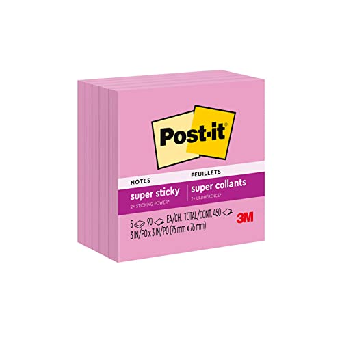 Post-it Super Sticky Notes, 3x3 in, 5 Pads, 2x the Sticking Power, Neon Pink, Recyclable (654-5SSNP)