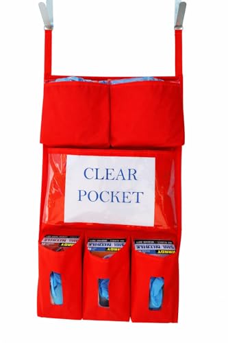 Image of It's Sew EZ Personal Protection Equipment (PPE) Isolation Door Caddy NFPA-701 Fire Retardant Nylon Oxford with Two Stainless Steel Hooks included (Red, 6 pockets)