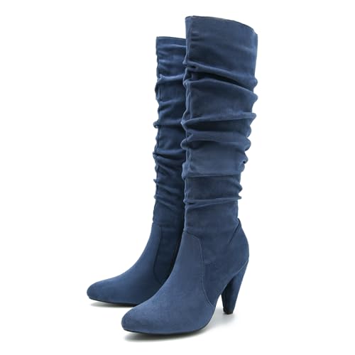 Heiyom HY-BT-5261-2-ROYAL BLUE SUEDE-41-FBA Women'S Knee High Boots Pointed Toe Sexy Kitten Cone Heel Slouchy Boots Side Zipper Pleated Leather Tall Boots Royal Blue Suede-41 thumb #2
