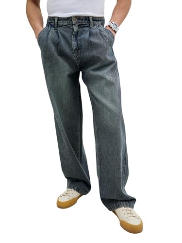 Image of MASCLN SASSAFRAS Blue Washed Front Dart Wide Leg Jeans