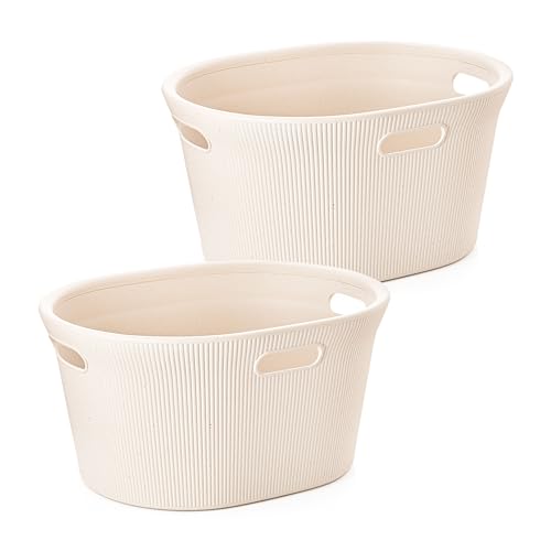 Image of Superio Ribbed Collection - Eco-Friendly Decorative Plastic Laundry Basket with Cut-Out Handles, (2 Pack) Hamper Organzier for Bedroom Bathroom College Dorm Room 35 Liter