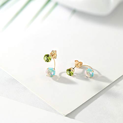 Gem Stone King 14K Yellow Gold White Opal and Green Peridot Dual Drop 2 Stone Round Earrings for Women (3.10 Cttw, Gemstone Birthstone, Round 6MM and 5MM)4