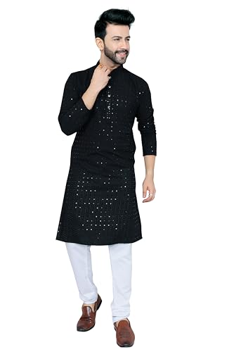 Men's Embroidered Kurta and Straight Pants Set, Multicolor, Viscose Rayon, Knee-Length, Kurta for Men (BLACKK, LARGE)4