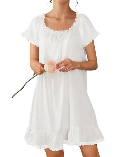 Ekouaer Cotton Nightgowns for Women Vintage Victorian Night Gowns Short Sleeve Sleep Shirts Lace Sleep Dress Soft Sleepwear White