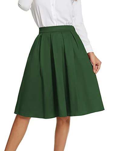 Tandisk A-Line Pleated Vintage Skirts with Pockets for Women Green XL