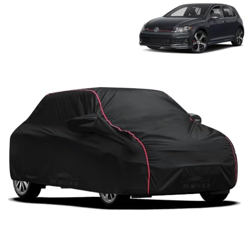 Image of Waterproof Car Cover for Volkswagen GTI | All-Weather Protection, Dustproof & UV Resistant | Triple Stitched Mirror Pockets, Windproof Buckle Strap with Elastic Hem, Black-Red Piping