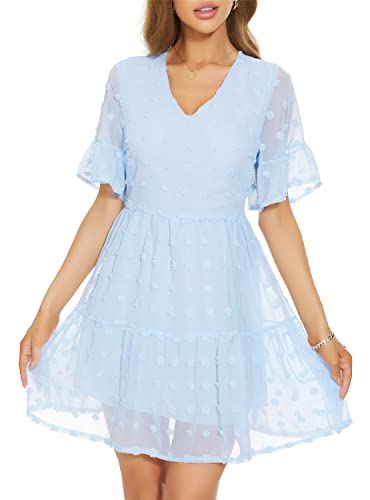 FANCYINN Süßes Etuikleid für Damen mit Taschen, Glockenärmeln, Rüschensaum, V-Ausschnitt, locker schwingende Tunika, Minikleid, hellblau, Schweizer Punkt, S
