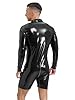 FEESHOW Herren Wetlook Body Leder Latex Overall Kurzer Langarm Lack Leder Männerbody Ouvert mit 3-Reisverschluss M-4XL Schwarz_F 3XL #1