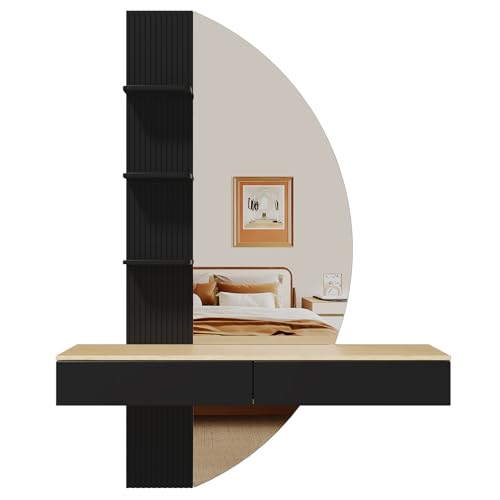 TRIUMPHKEY Coiffeuse Murale avec Éclairage LED et Grand Miroir HD – Coiffeuse Flottante avec Tiroirs, Variateur Tactile, 3 Températures de Couleur (Noir)