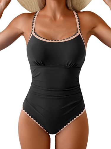 Image of Eomenie Women's One Piece Swimsuit Tummy Control Slimming Bathing Suit Ruched Swimwear Tie Back Shell Stitch Swim Suit