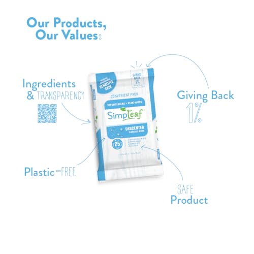 Image of Simpleaf Flushable Wet Wipes Unscented | Plastic Free, Paraben & Alcohol Free | Hypoallergenic & Safe for Sensitive Skin | Soothing Aloe Formula | Adult Toilet Wipes (24 x 25 Count Pack) 600 Count