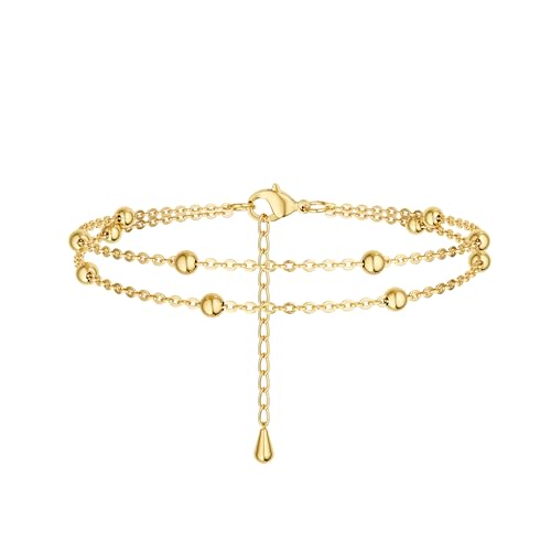 Image of DEARMAY Gold Ankle Bracelets for Women Waterproof, Non Tarnish 14K Gold Plated Beaded Link Chain Anklets, Layered Summer Beach Jewelry Gifts, Dainty Bikini Outfits for Vacation