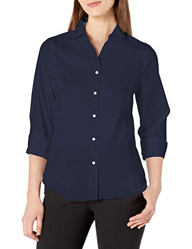 Nautica Women's Casual Comfort 3/4 Sleeve Button Down Solid Shirt, Navy Seas, Medium