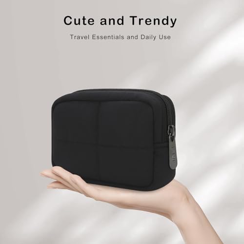 Small Makeup Bag for Purse, Quilted Travel Cosmetic Bag, Zipper Cosmetic Pouch Organizer Toiletry Bag, Make Up Bags for Women Girls, Black4