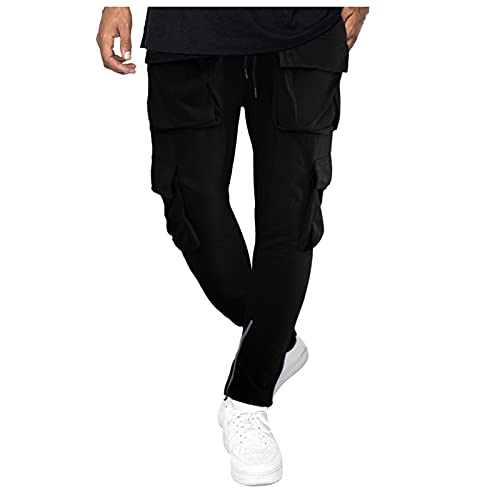 Hatop Mens Trousers Pleated,Men's Stretch Cargo Pants Functional Wind Tooling Multi-Pocket Trousers Black