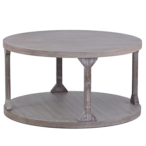 Merax 35.4" Round Rustic Coffee Table Solid Wood+Mdf Coffee Table For Living Room With Dusty Wax Coating #TOP1