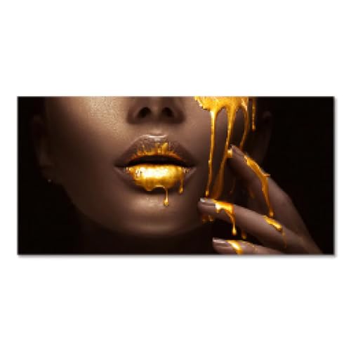 Rumlly Cuadros de gran tamaño con diseño de mujeres negras con labios dorados y sensuales sobre lienzo, cuadros modernos para pared, decoración del hogar, sala de estar, 40 x 80 cm, sin marco
