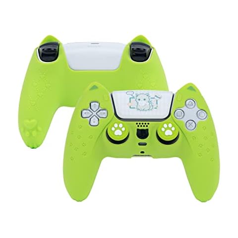 Funda protectora de silicona antideslizante para PS5 DualSense de GeekShare con diseño de pata de gato verde Cover